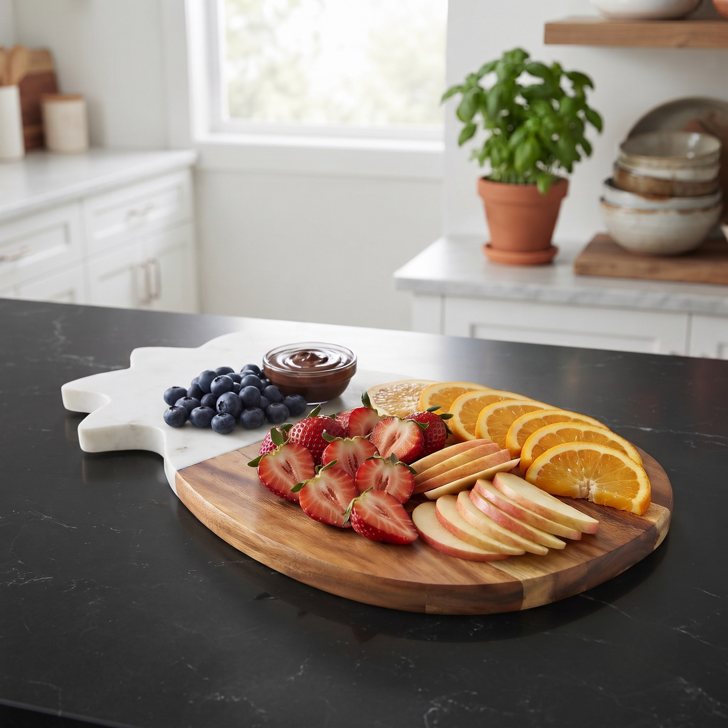 White marble and acacia wood pineapple-shaped serving board, 12 x 7 inches, with a modern design for serving cheese, charcuterie, appetizers, and snacks.