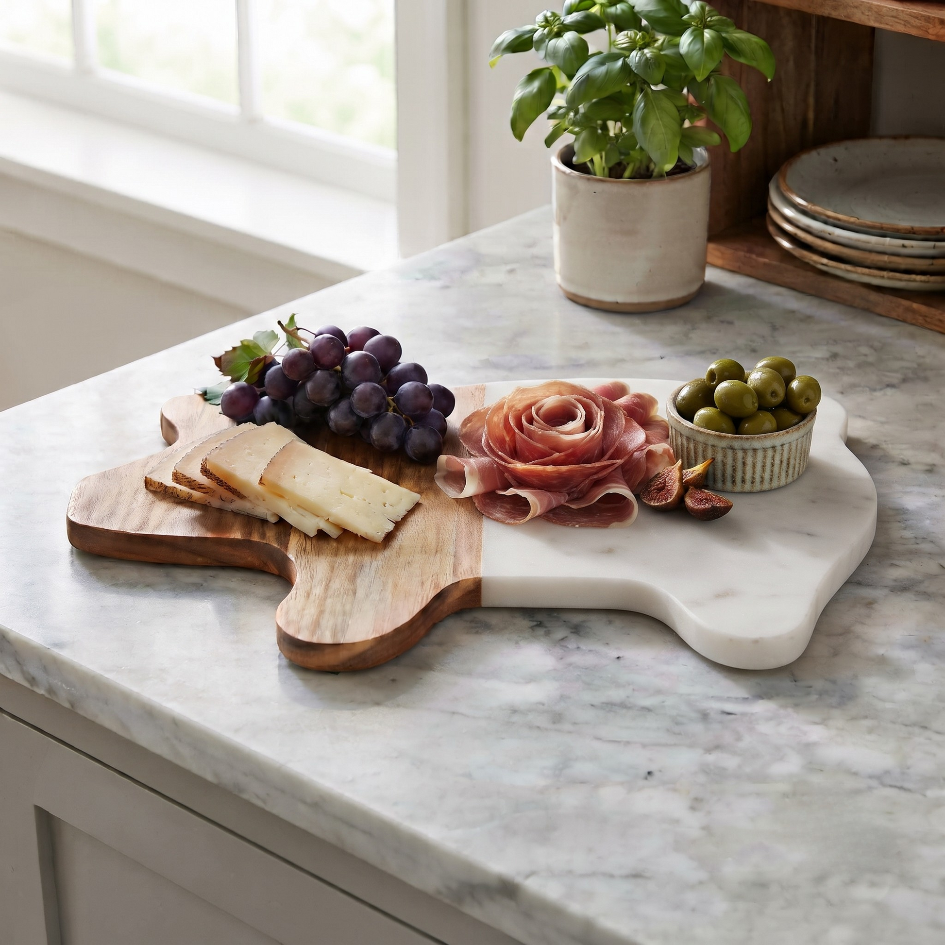 White marble and acacia wood pig-shaped serving board, 8 x 11.75 inches, with a modern design for serving cheese, charcuterie, appetizers, and snacks.