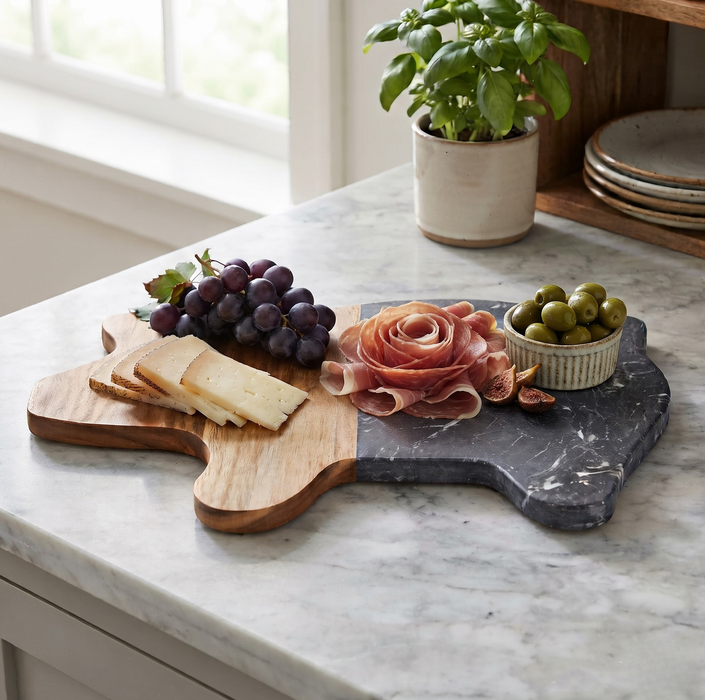 Black marble and acacia wood pig-shaped serving board, 8 x 11.75 inches, with a modern design for serving cheese, charcuterie, appetizers, and snacks.