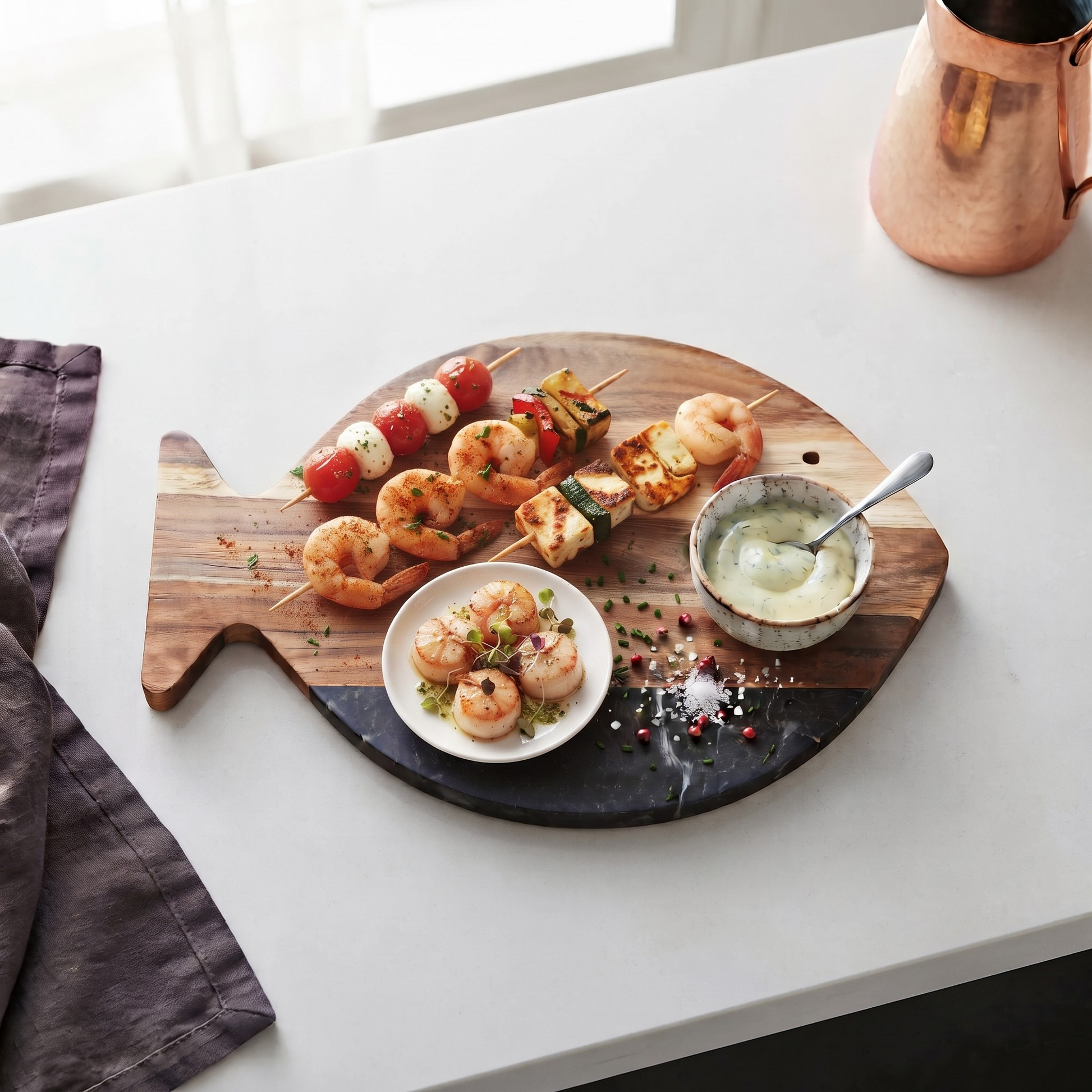Black marble and acacia wood fish-shaped serving board, 11.75 x 7.75 inches, with a black marble accent for serving cheese, charcuterie, appetizers, and snacks.