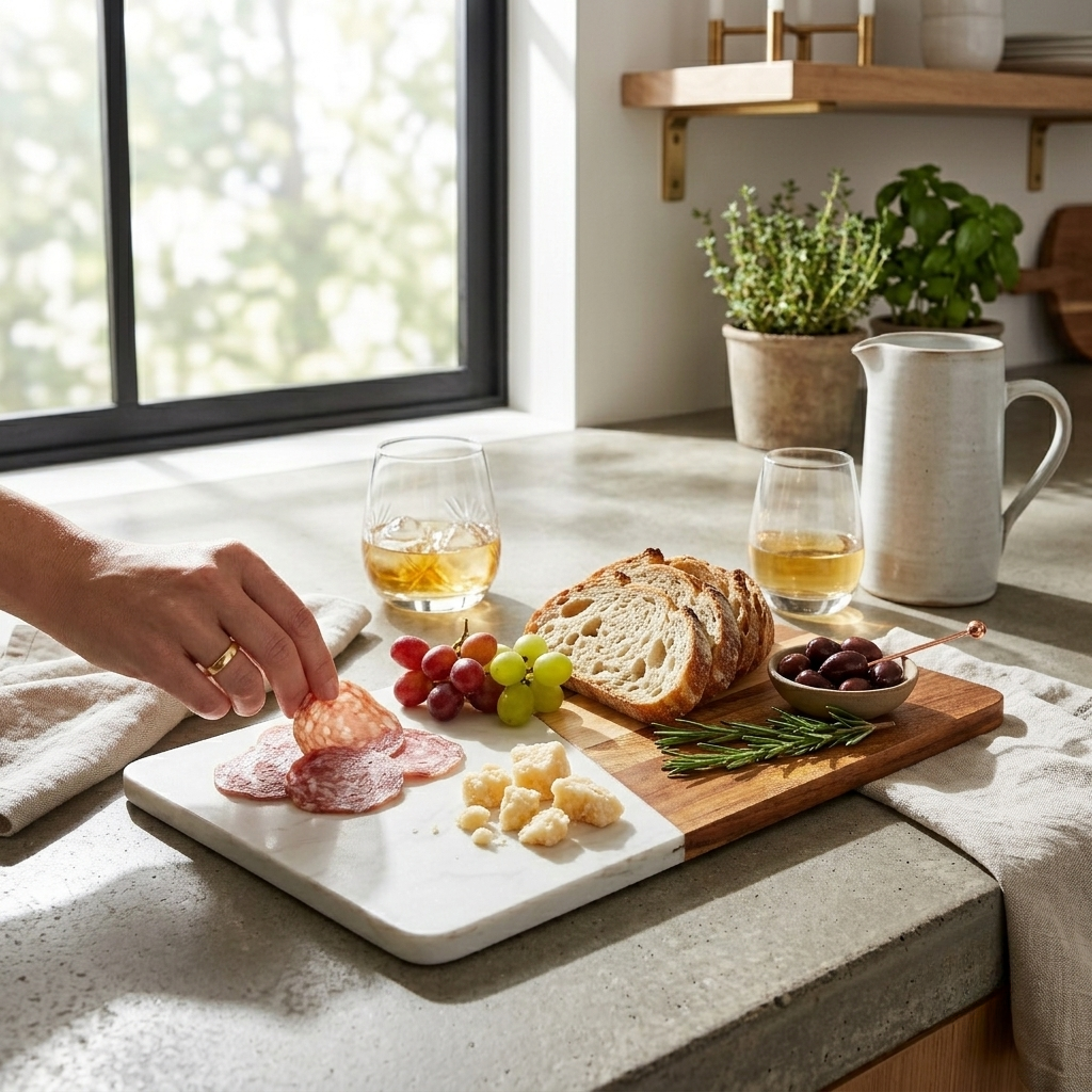 White marble and acacia wood diagonal serving board, 12 x 7.75 inches, featuring a modern design for serving cheese, charcuterie, appetizers, and snacks.