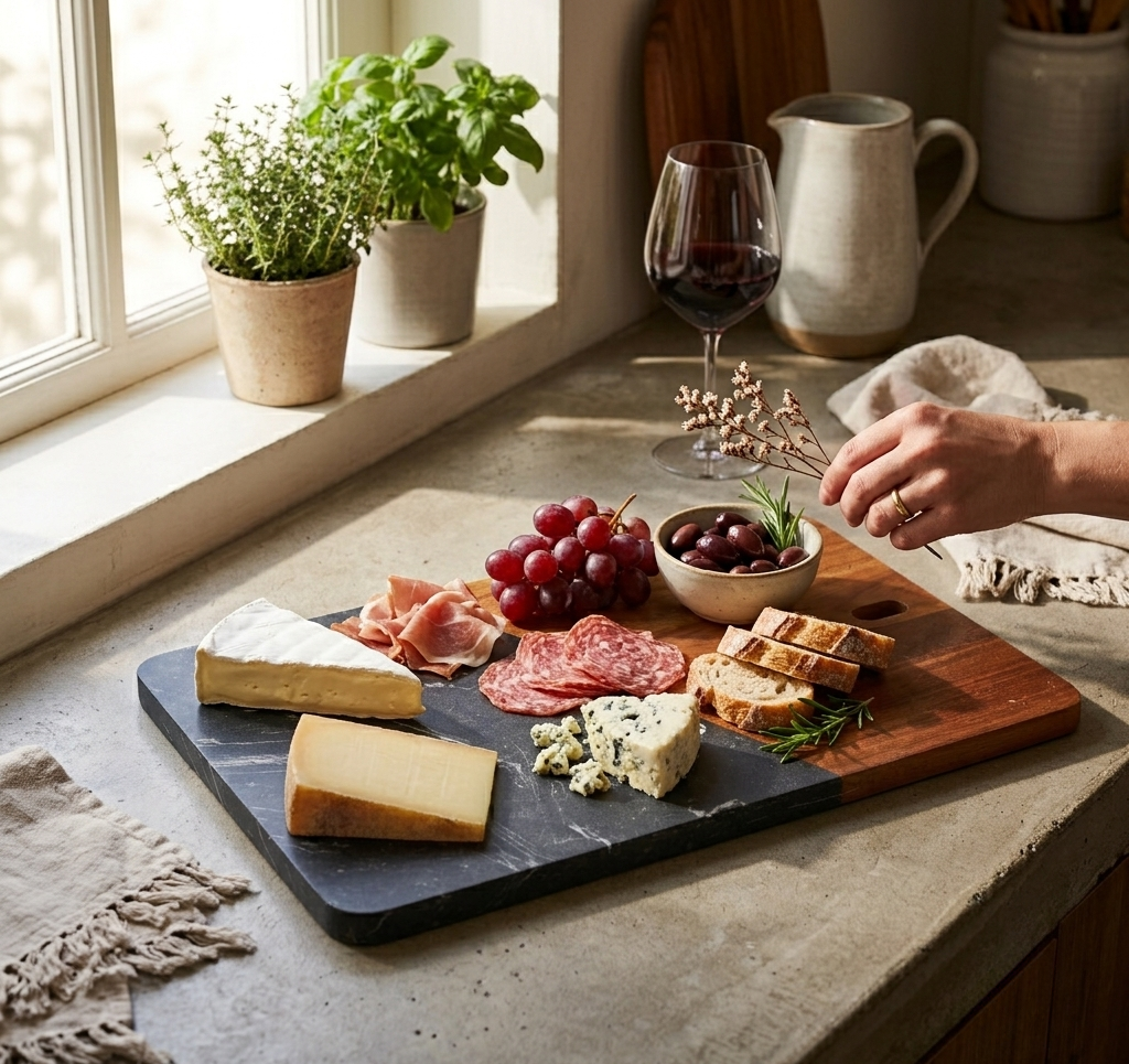 Black marble and acacia wood diagonal serving board, 12 x 7.75 inches, featuring a modern design for serving cheese, charcuterie, appetizers, and snacks.