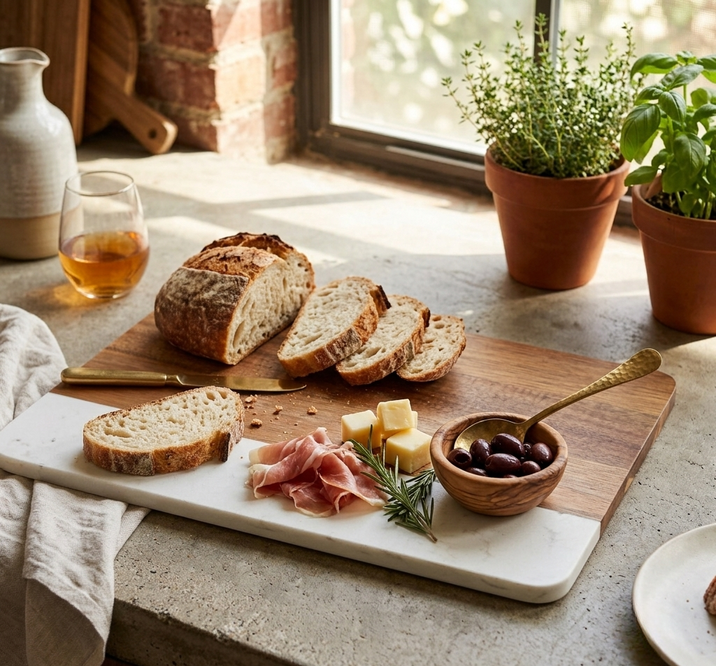 White marble and acacia wood rectangle serving board, 11.75 x 8 inches, with a modern design for serving cheese, charcuterie, appetizers, and snacks.