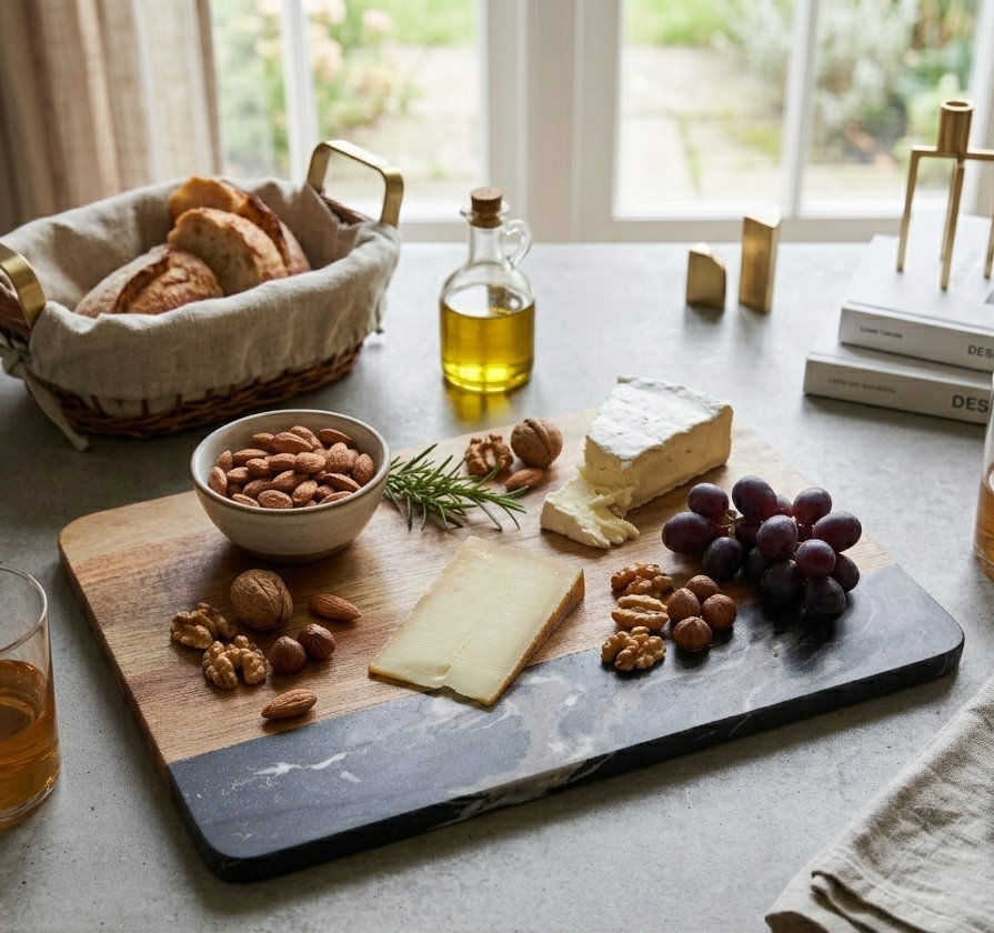 Black marble and acacia wood rectangle serving board, 11.75 x 8 inches, with a modern design for serving cheese, charcuterie, appetizers, and snacks.