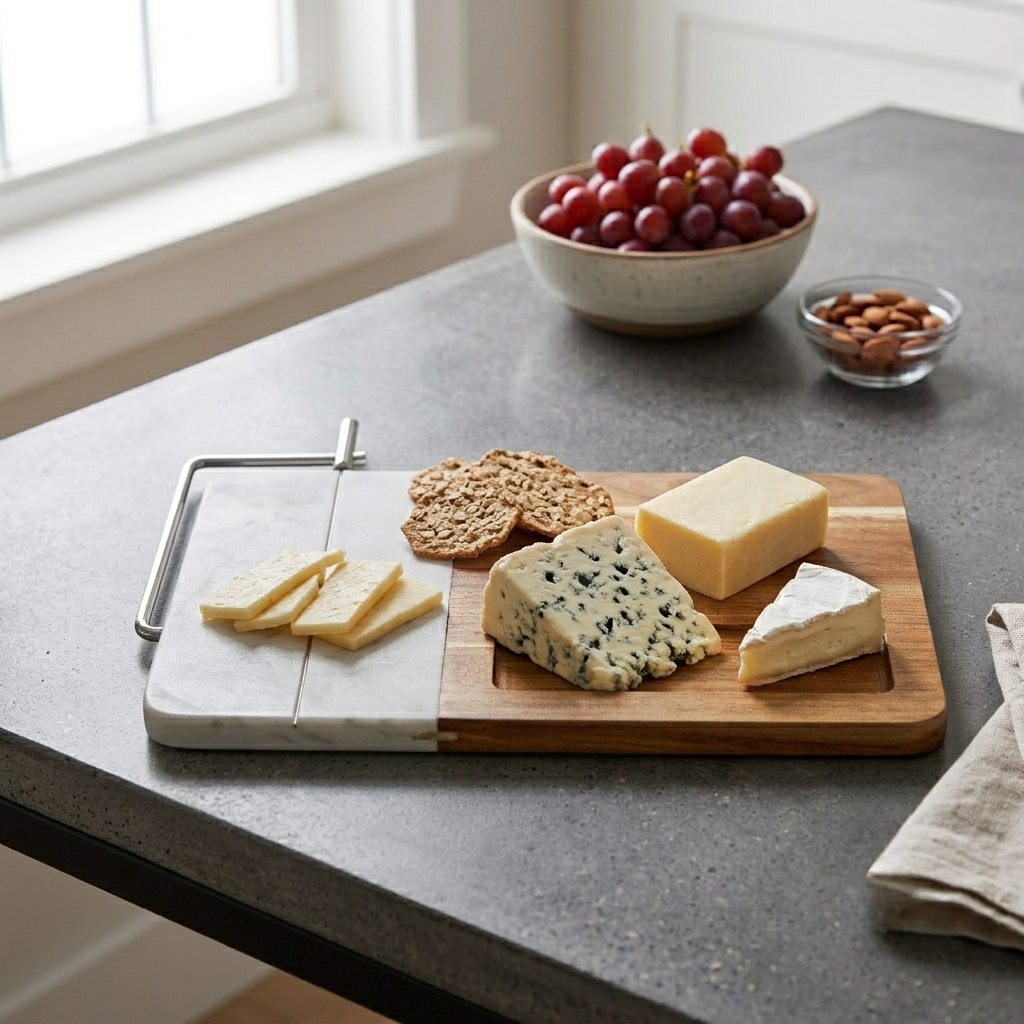 White marble and acacia wood cheese slicer board with stainless steel handle and cutting wire, 12.5 inch x 8 inch, ideal for serving cheese, charcuterie, bread, fruit, and appetizers.