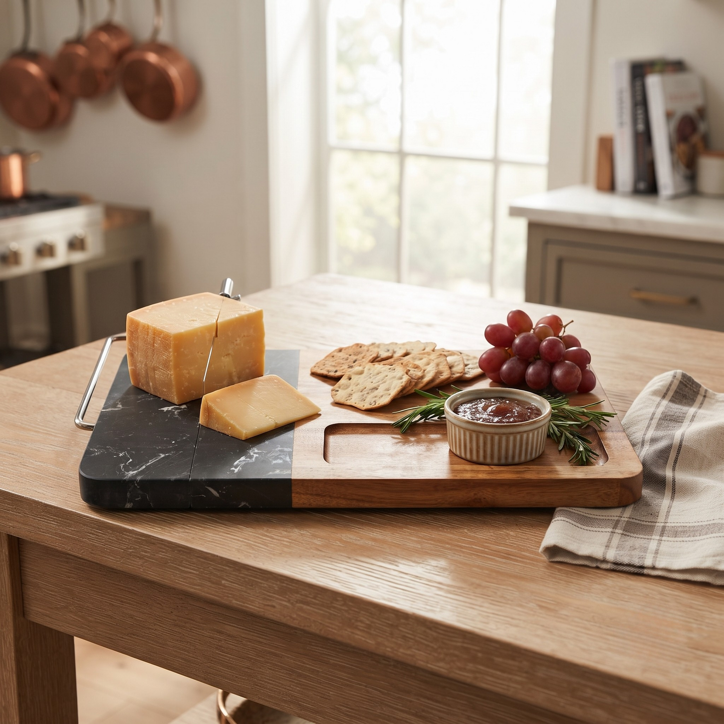Black marble and acacia wood cheese slicer board, 12.5-inch by 8-inch, with stainless steel handle and cutting wire.
