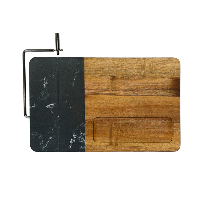 Black marble and acacia wood cheese slicer board, 12.5-inch by 8-inch, with stainless steel handle and cutting wire.