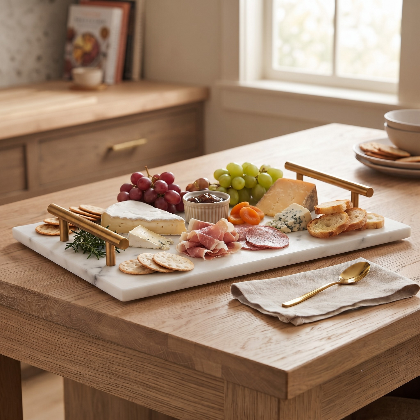 White marble serving board with gold handles, 8-inch by 12-inch, ideal for serving cheese, charcuterie, and appetizers.