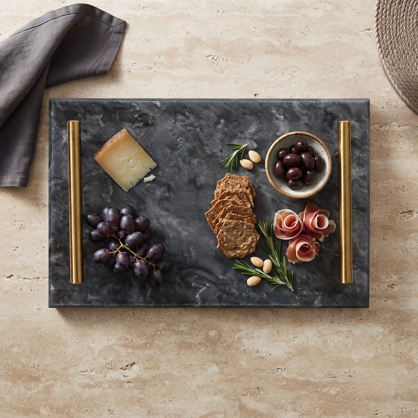 Black marble serving board with gold handles, 8-inch by 12-inch, ideal for serving cheese, charcuterie, and appetizers.