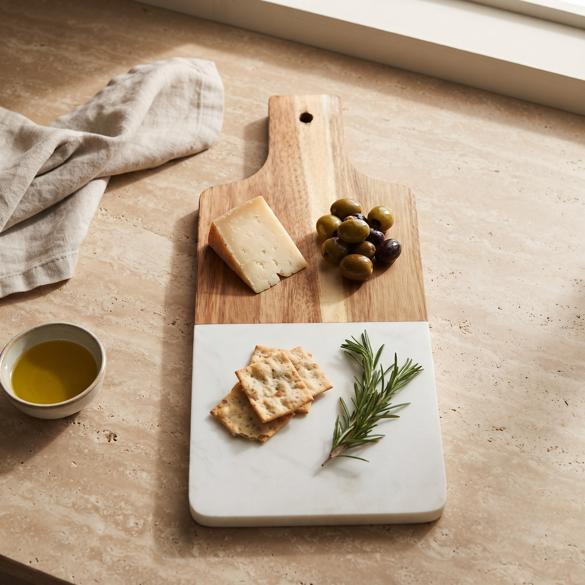 White marble and acacia wood handled serving board, 15-inch by 6.25-inch, for charcuterie, appetizers, and entertaining.