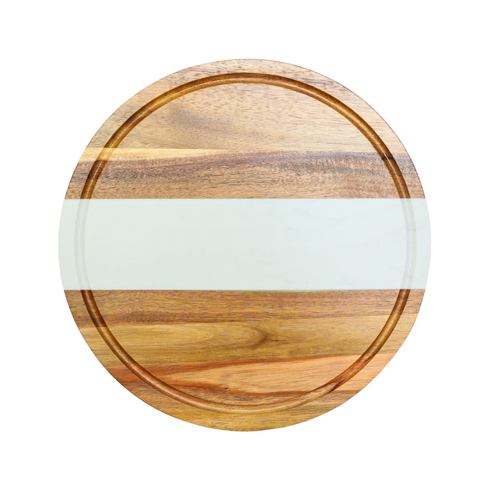 White marble stripe and acacia wood round serving board, 11-inch diameter, for charcuterie, serving, and food prep.