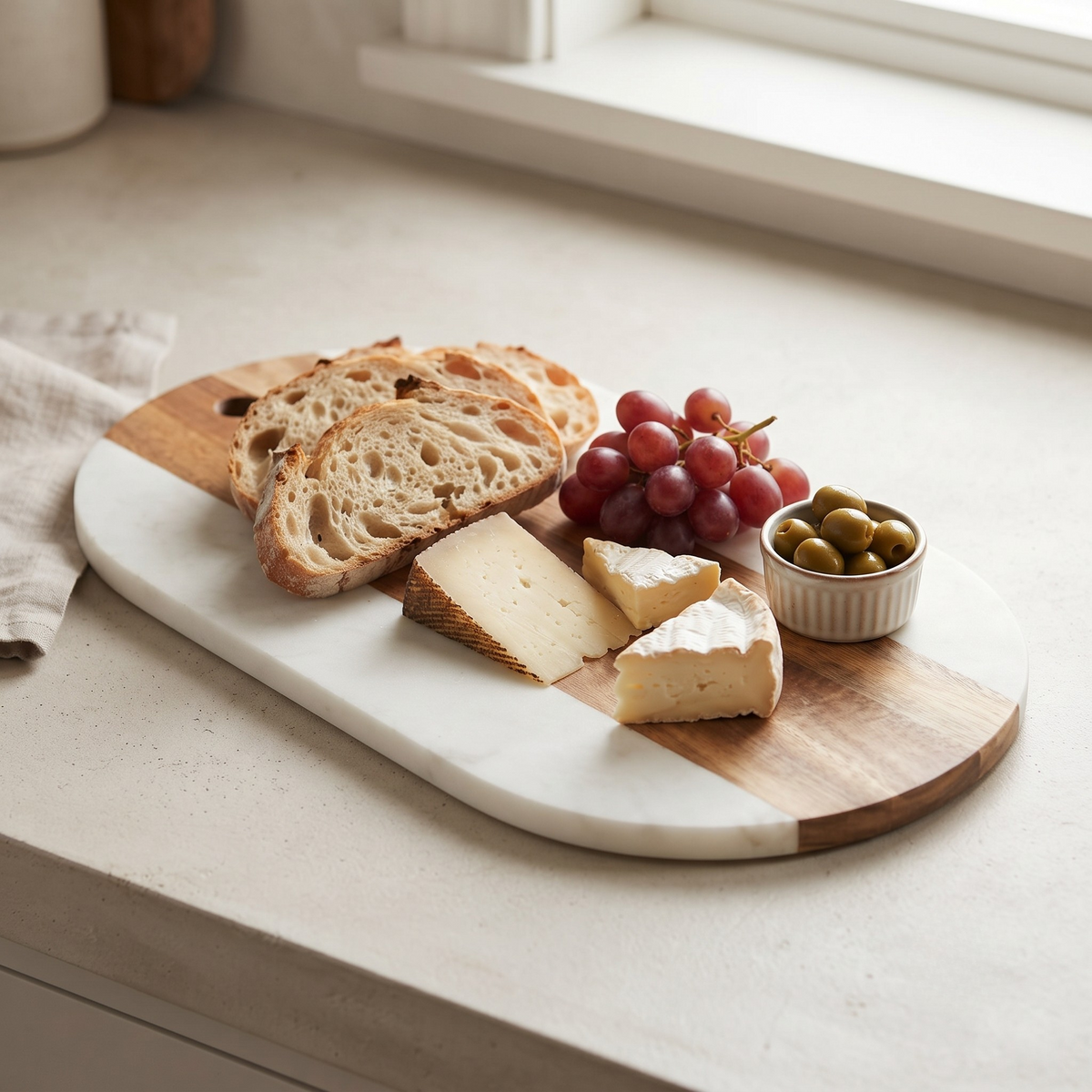 White marble and acacia wood oval serving board, 13-inch by 7-inch, for charcuterie and entertaining.
