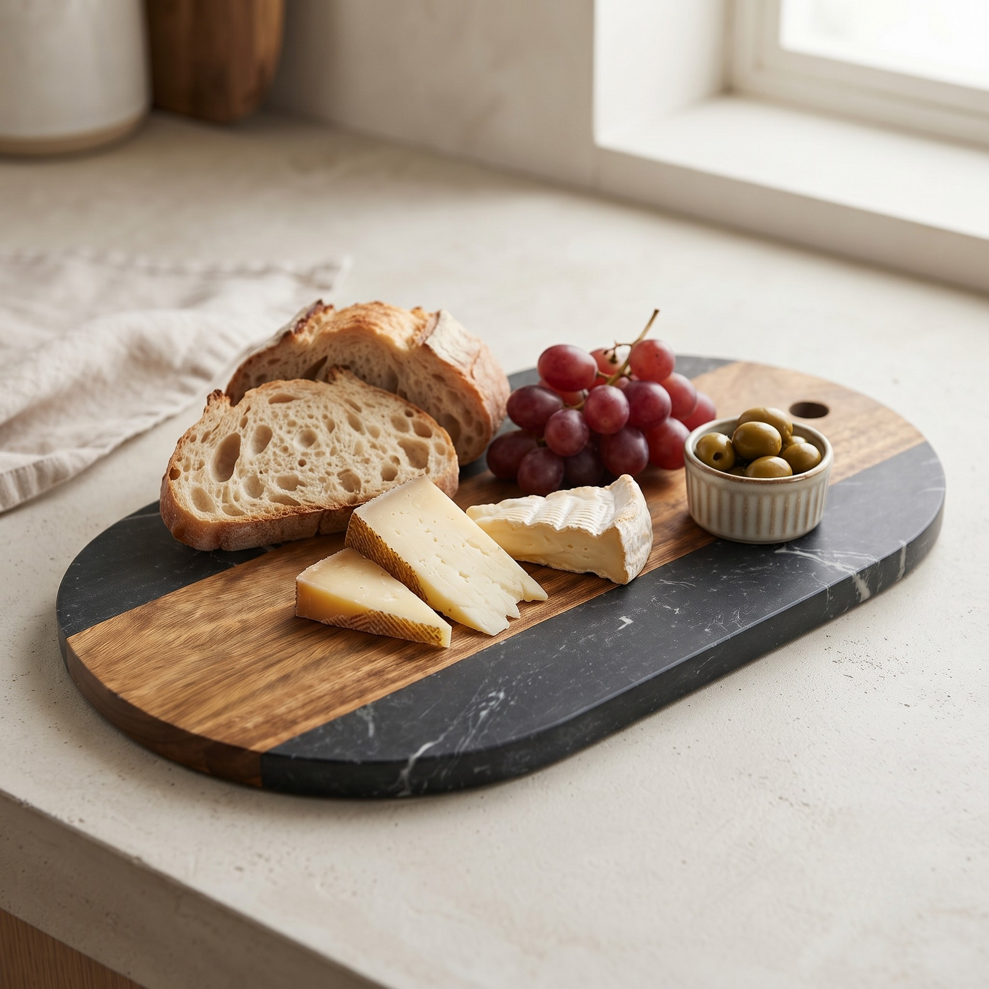 Black marble and acacia wood oval serving board, 13-inch by 7-inch, for charcuterie and entertaining.
