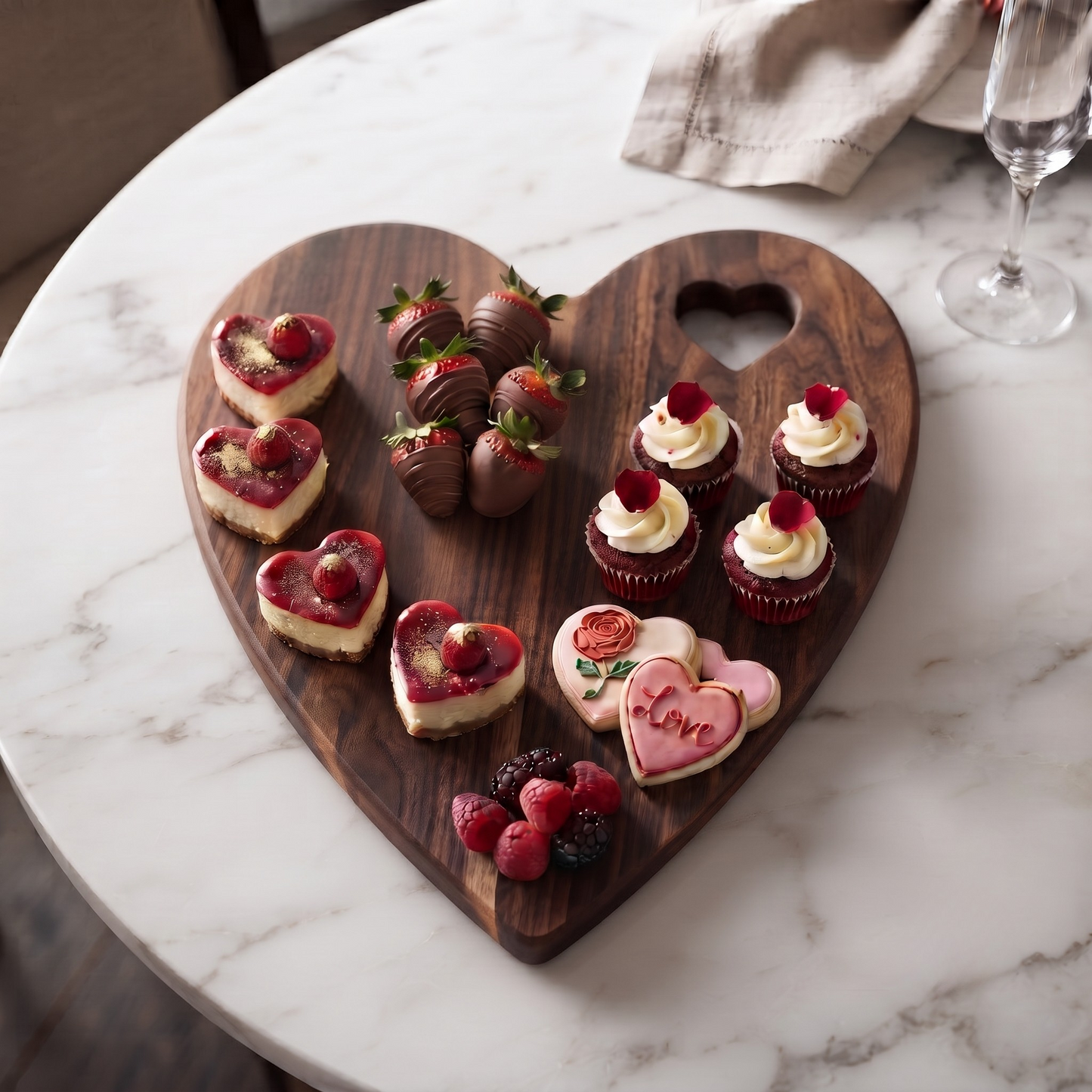 Heart-shaped acacia wood serving board, 9.75 × 12 inch.