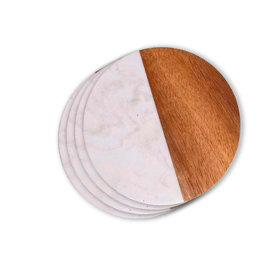 Set Of 4 White Marble and Acacia Wood  4" Round Coasters