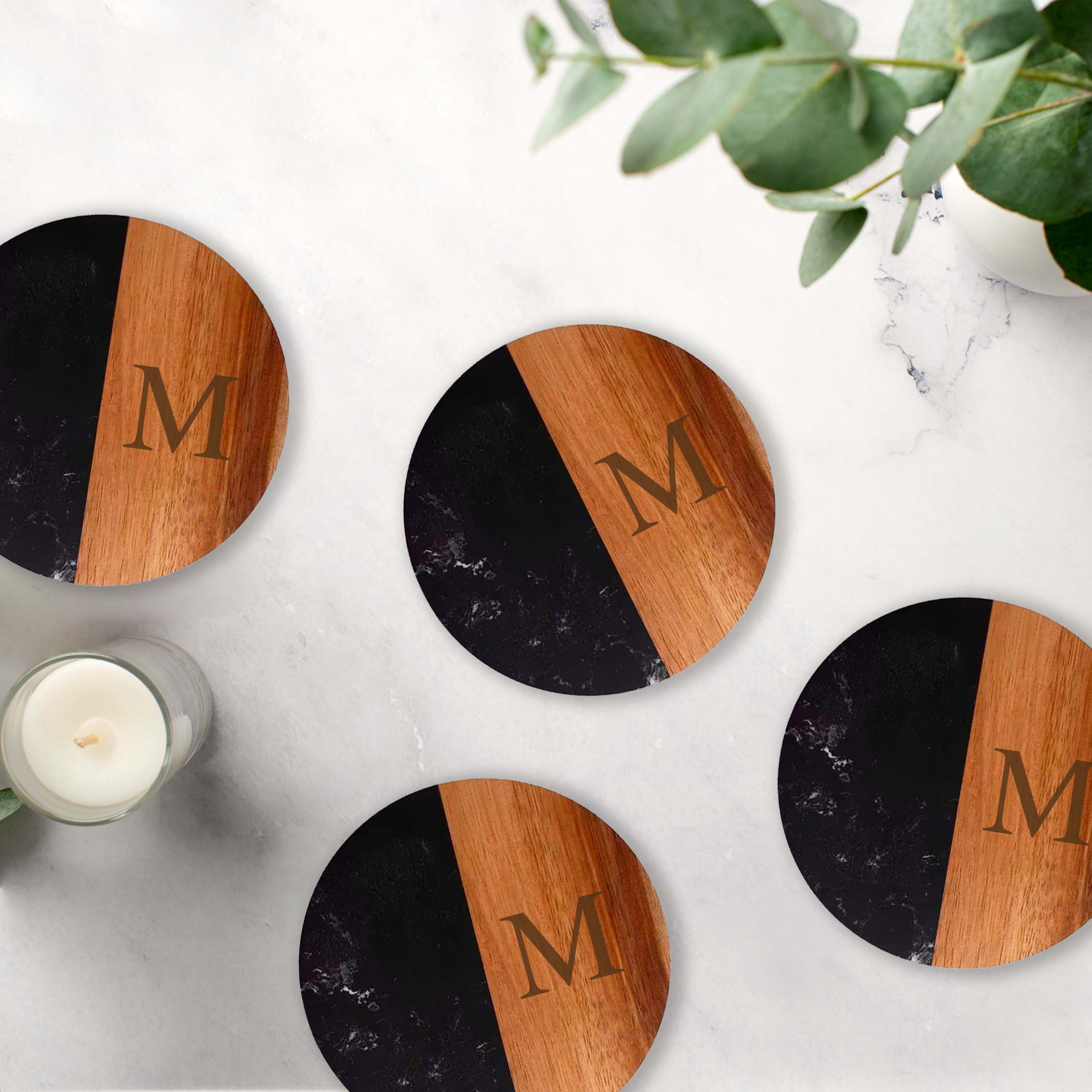 Set Of 4 Black Marble and Acacia Wood 4