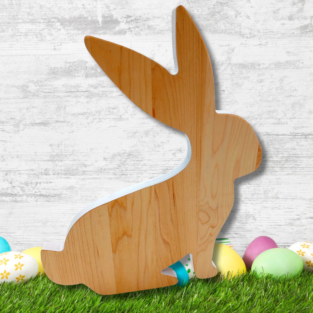 Hopping Wood Bunny Board with White Milk Paint Outline