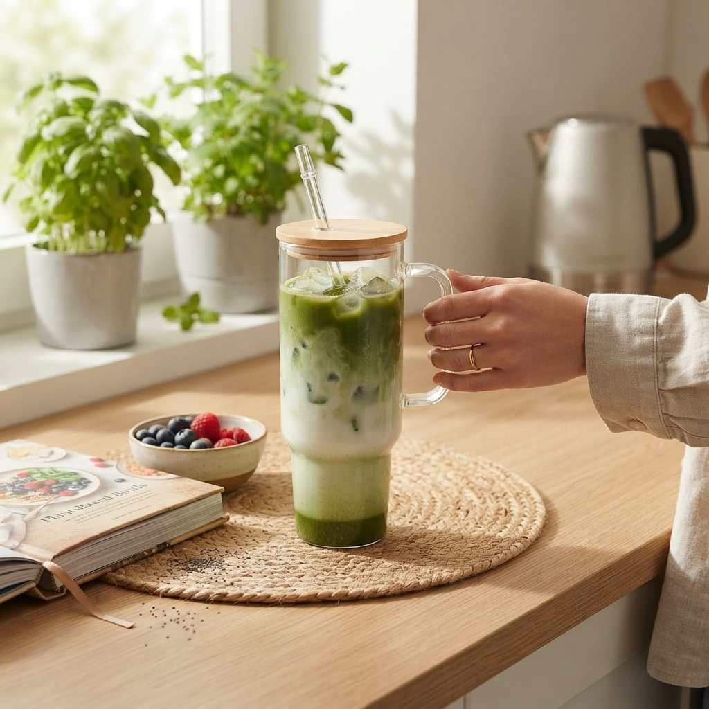 Clear glass tumbler with a 40 oz capacity, bamboo lid, handle, and reusable straw, featuring a sleek modern design and measuring 12 inch x 6.25 inch.