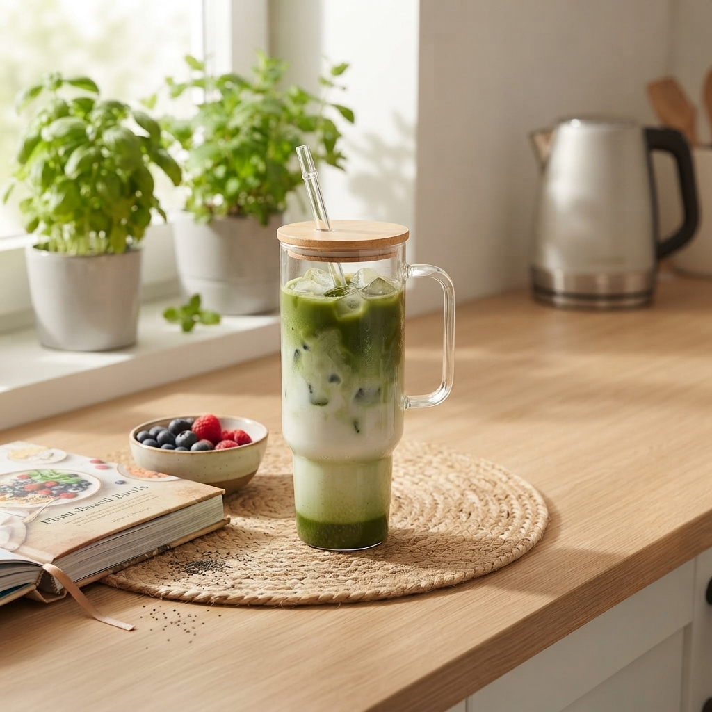 Clear glass tumbler with a 40 oz capacity, bamboo lid, handle, and reusable straw, featuring a sleek modern design and measuring 12 inch x 6.25 inch.