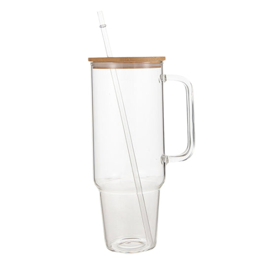 Glass 40 oz. Tumbler with Bamboo Lid, Handle & Straw - Clear