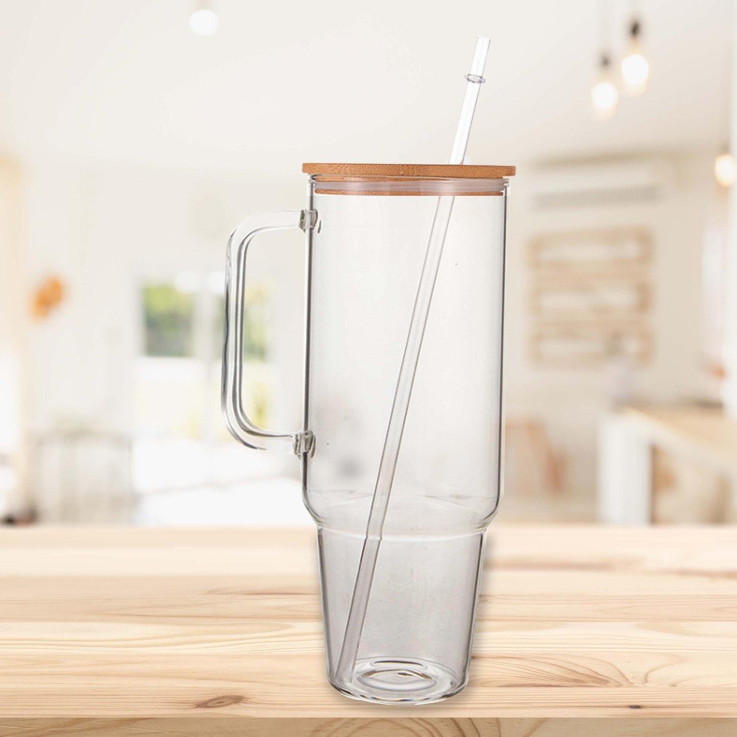 Glass 40 oz. Tumbler with Bamboo Lid, Handle & Straw - Clear