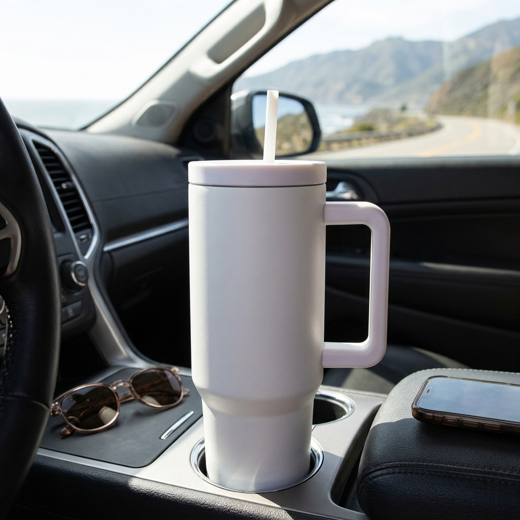 40 oz stainless steel insulated tumbler in White color with handle and removable straw, featuring a modern design for hot or cold beverages.