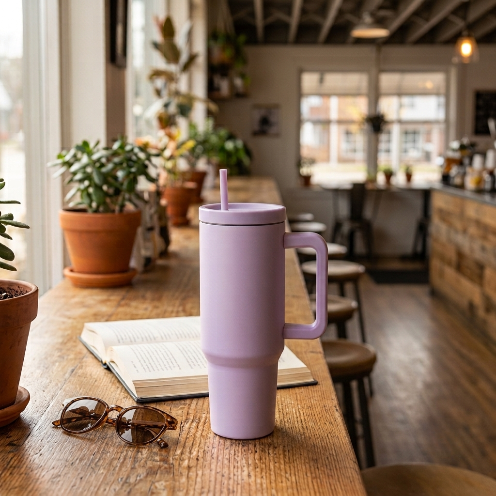 40 oz stainless steel insulated tumbler in lavender with handle and removable straw, featuring a modern design for hot or cold beverages.
