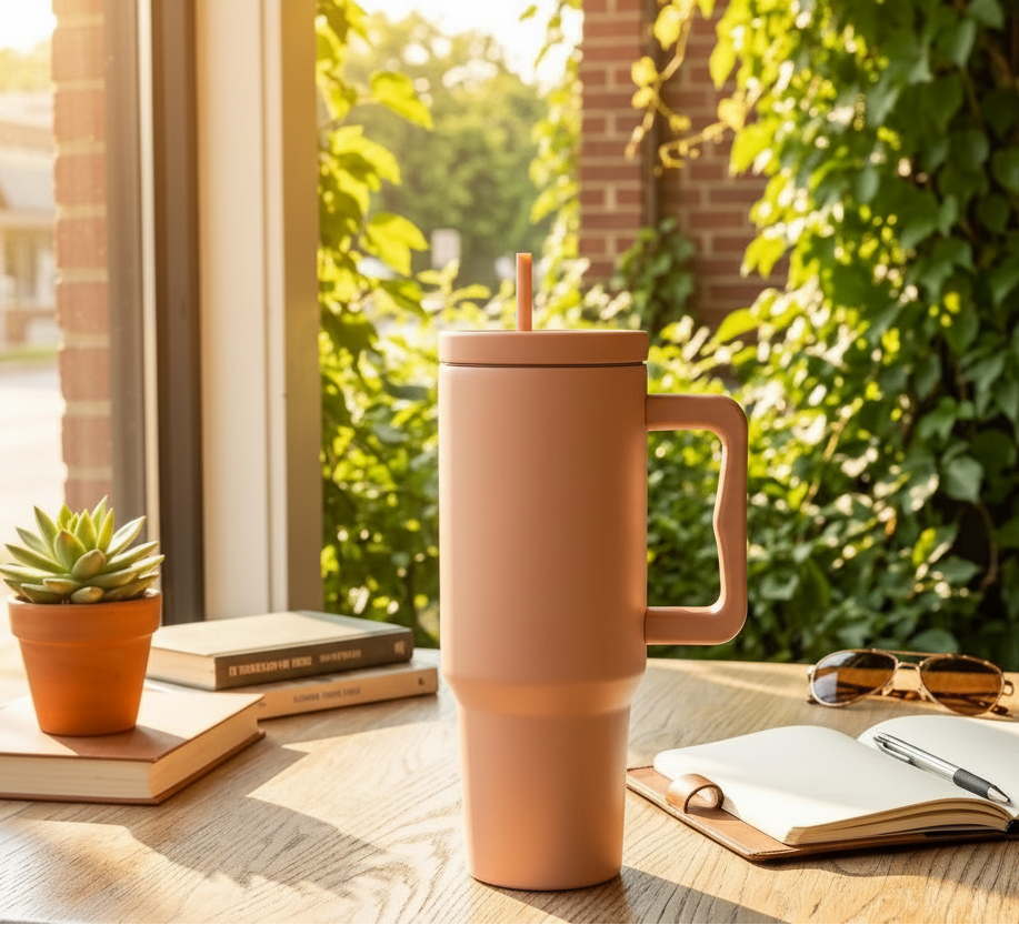 40 oz stainless steel insulated tumbler in Tan color with handle and removable straw, featuring a modern design for hot or cold beverages.