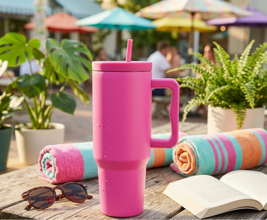 Stainless steel 40 oz hot pink tumbler with handle, removable straw, and modern insulated design.