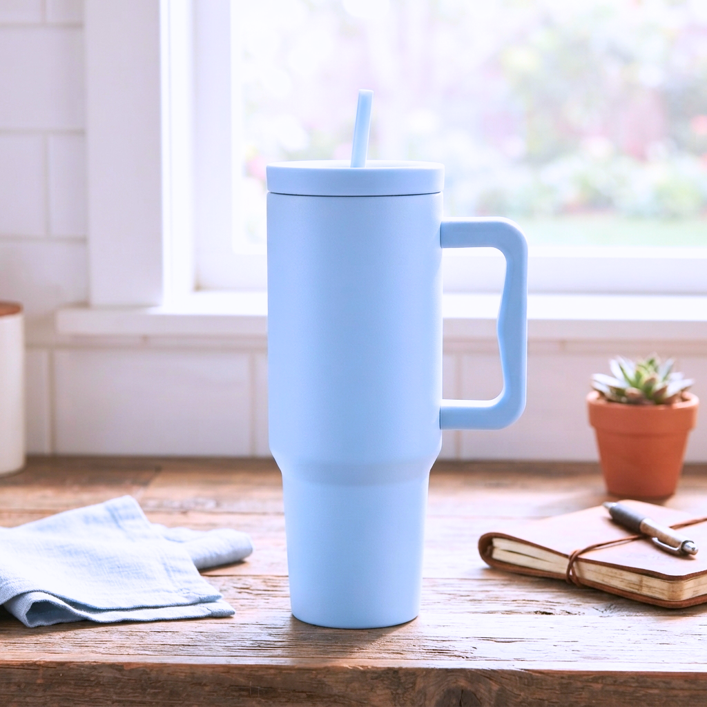 Light Blue stainless steel tumbler with a 40 oz capacity, handle, and removable straw, featuring a sleek modern design and measuring 12 inch x 6.25 inch.