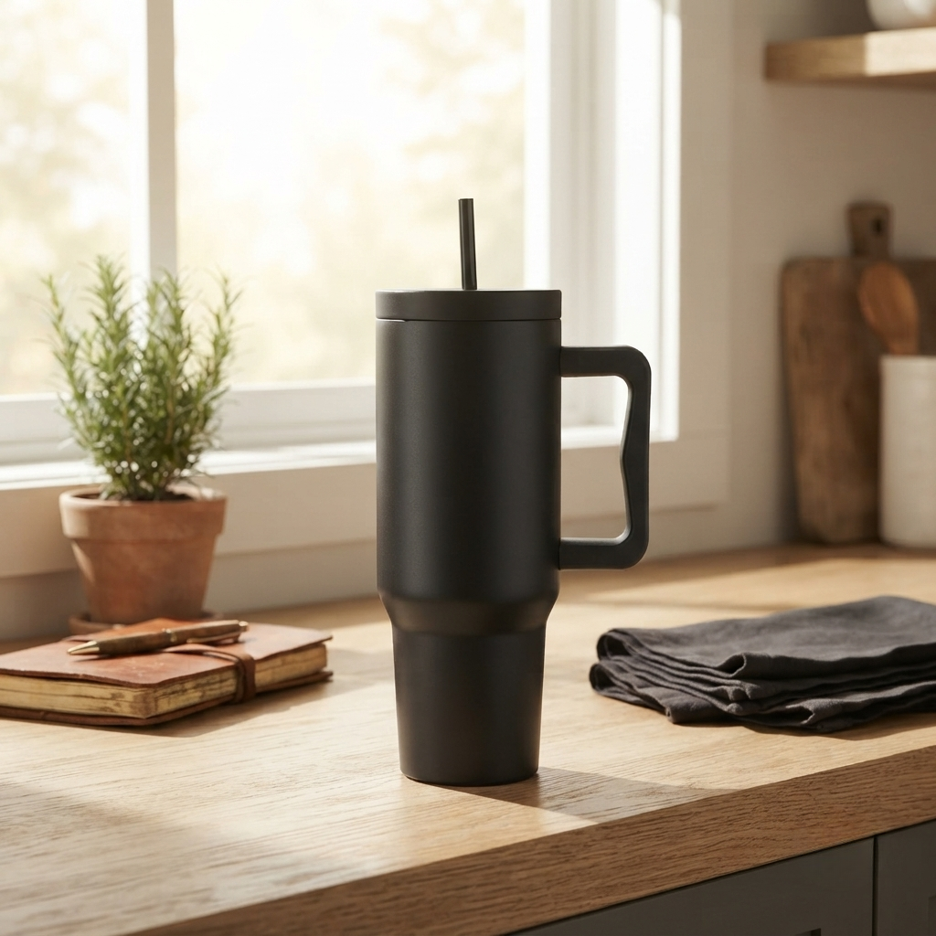 Black stainless steel tumbler with a 40 oz capacity, handle, and removable straw, featuring a sleek modern design and measuring 12 inch x 6.25 inch.