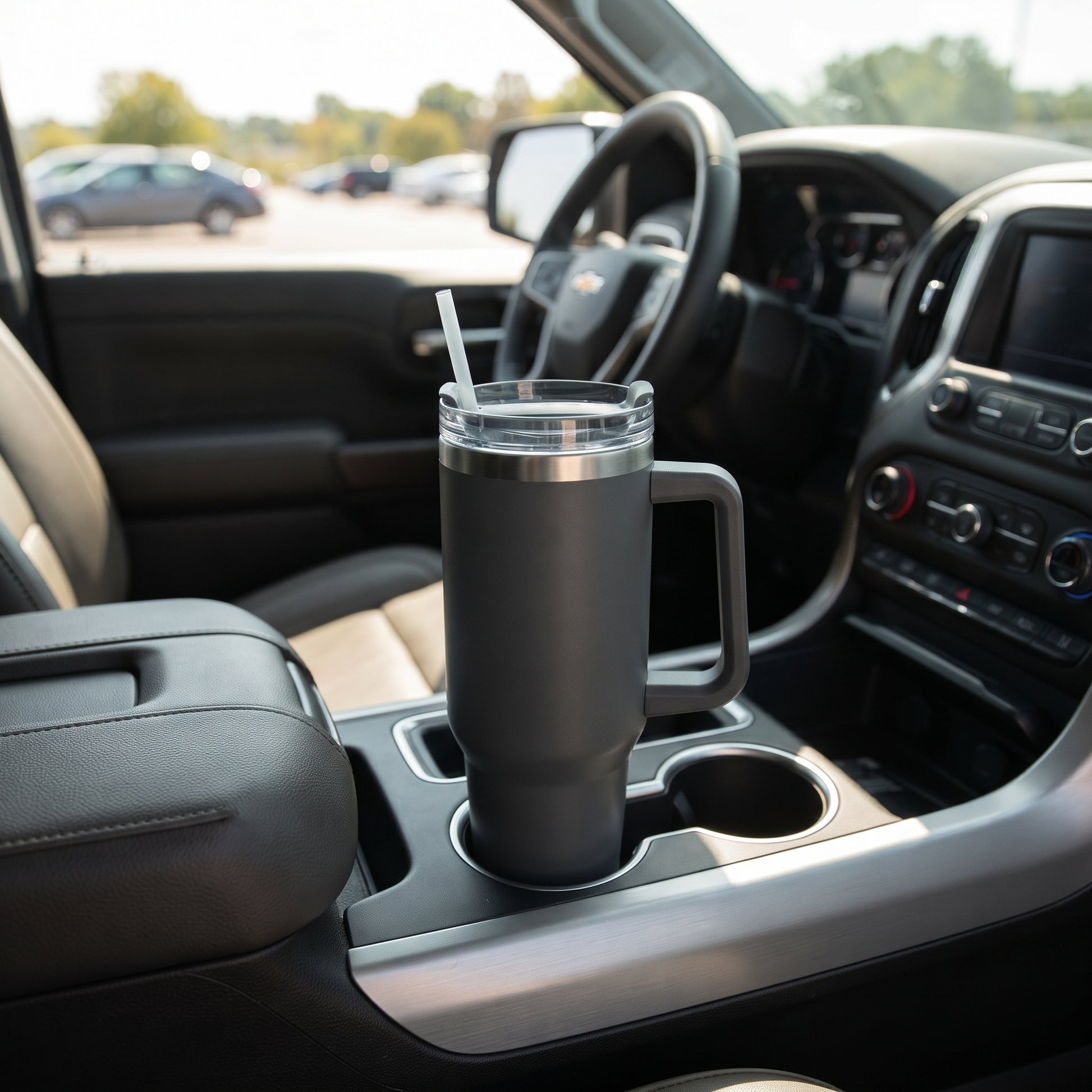 Grey 40 oz stainless steel tumbler with handle and straw, featuring an insulated design for keeping drinks hot or cold on the go.
