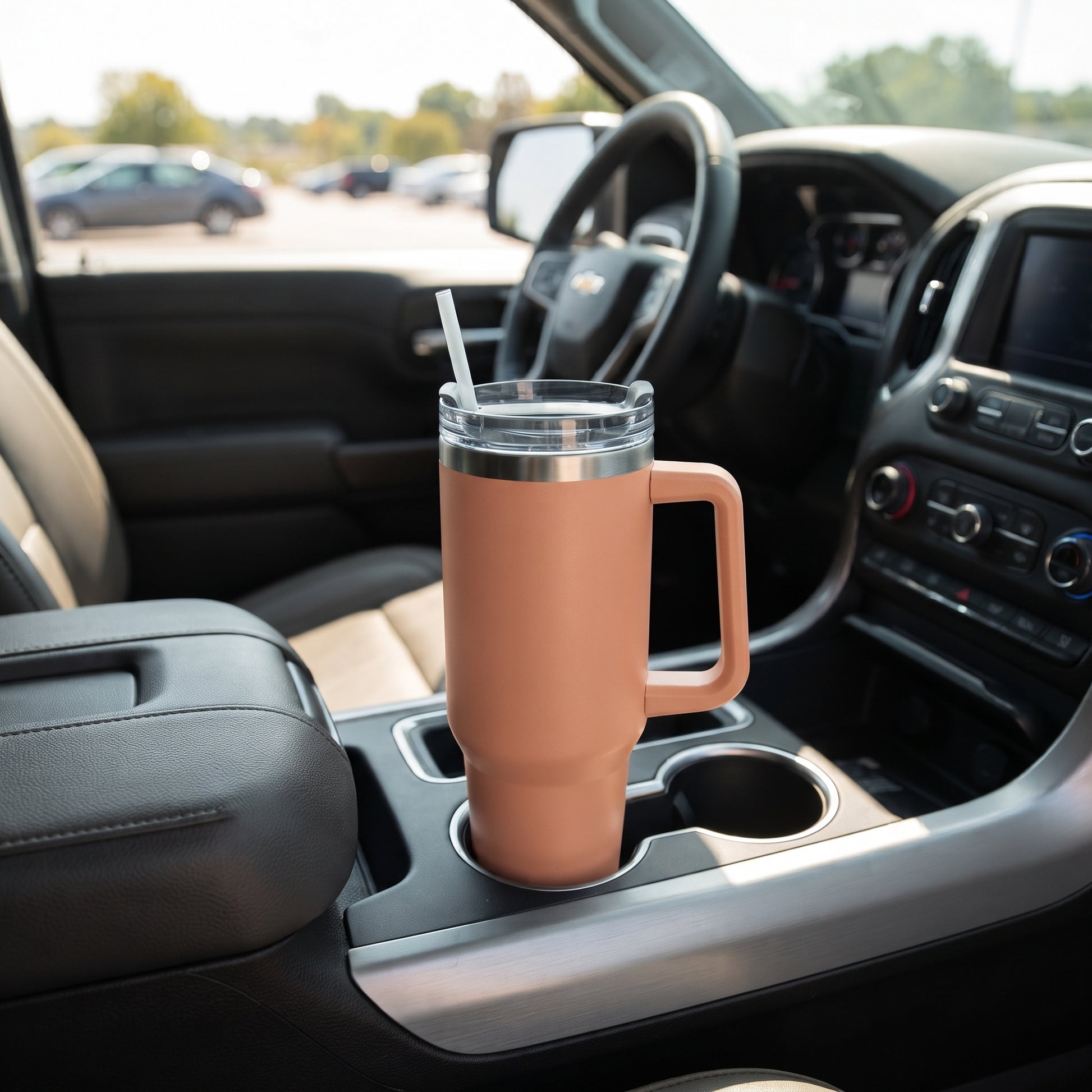 Clay 40 oz stainless steel tumbler with handle and straw, featuring an insulated design for keeping drinks hot or cold on the go.
