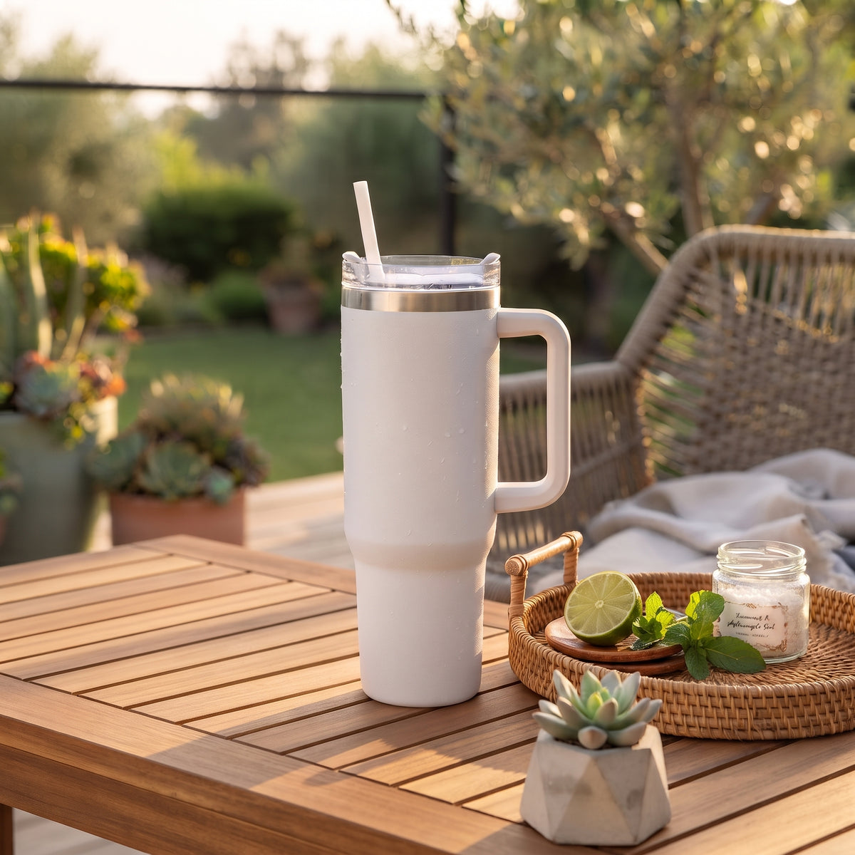 White 40 oz stainless steel tumbler with handle and straw, featuring an insulated design for keeping drinks hot or cold on the go.
