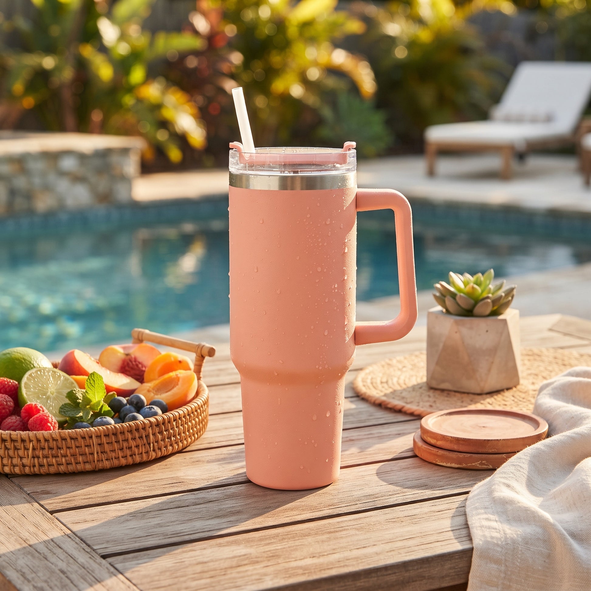 Peach 40 oz stainless steel tumbler with handle and straw, featuring an insulated design for keeping drinks hot or cold on the go.
