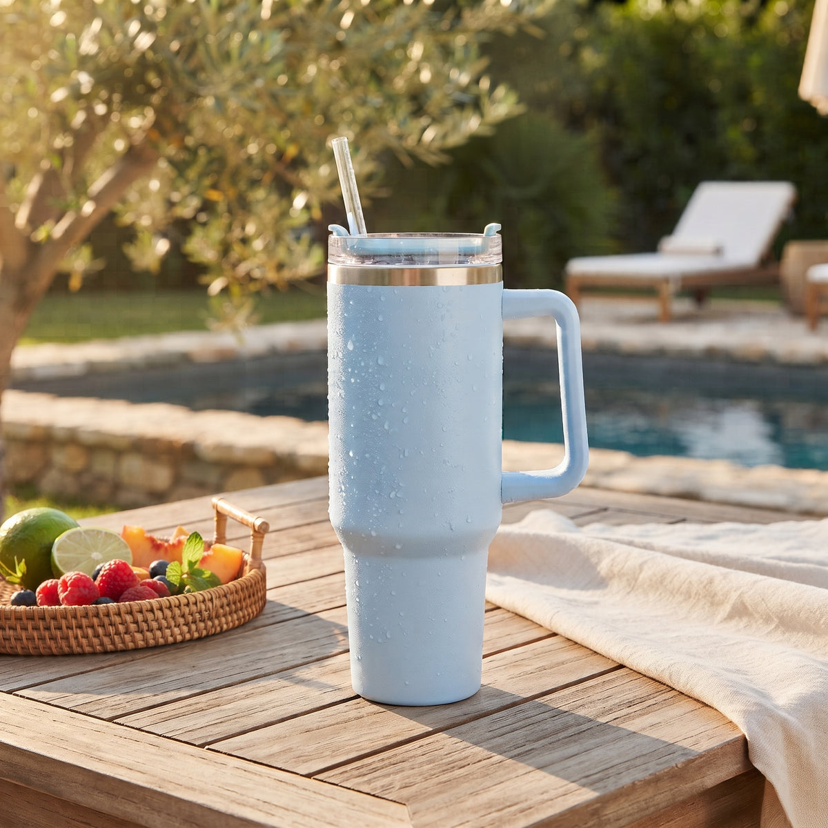 Light blue 40 oz stainless steel tumbler with handle and straw, featuring an insulated design for keeping drinks hot or cold on the go.
