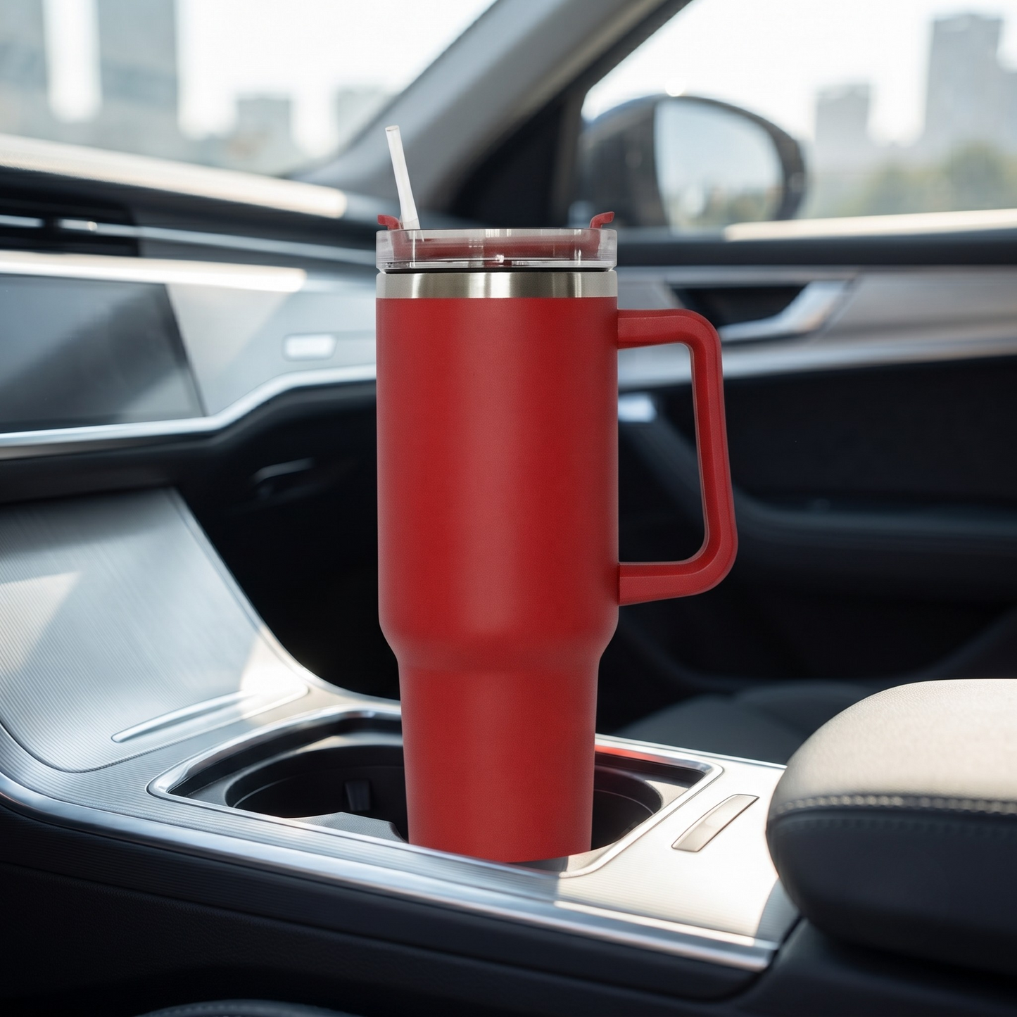 Red 40 oz stainless steel tumbler with handle and straw