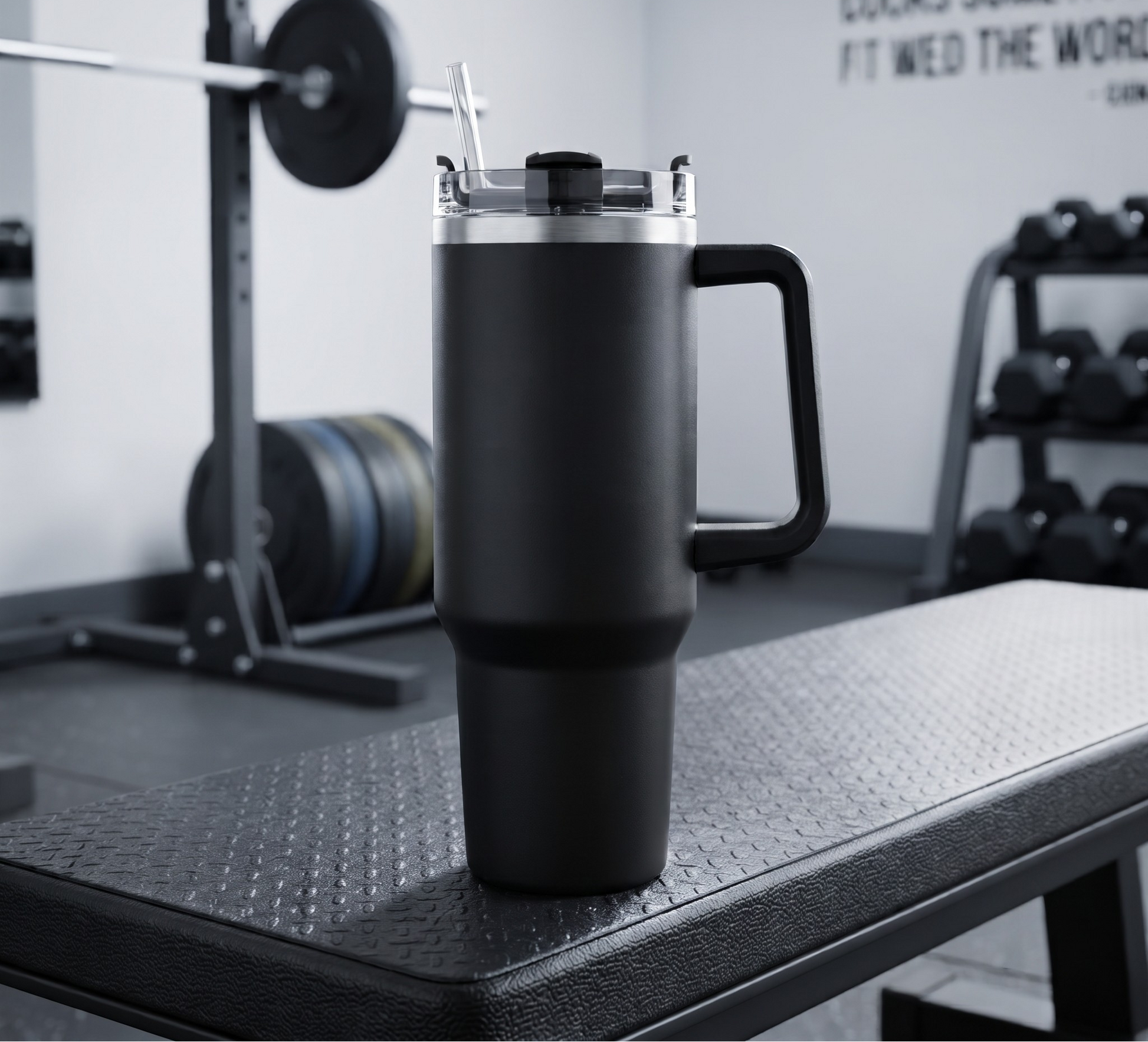 Black 40 oz stainless steel tumbler with handle and straw
