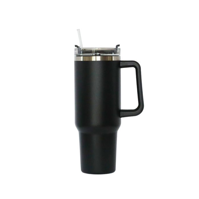 Black 40 oz stainless steel tumbler with handle and straw