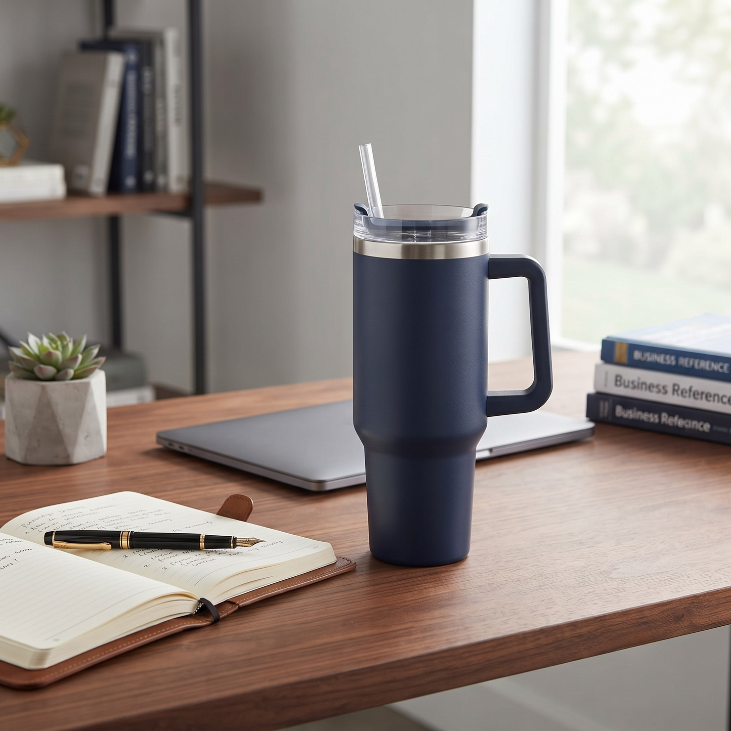 Navy 40 oz stainless steel tumbler with handle and straw