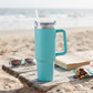 Aqua 40 oz stainless steel tumbler with handle and straw