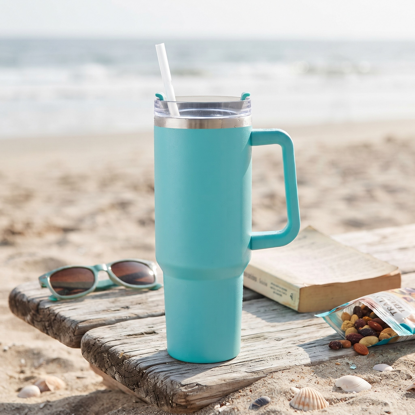 Aqua 40 oz stainless steel tumbler with handle and straw