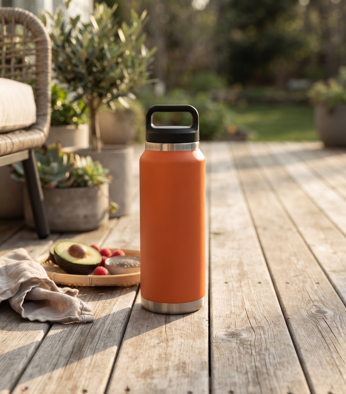 Orange 36 oz stainless steel water bottle with twist-off cap, featuring a sleek reusable design for keeping drinks hot or cold throughout the day.
