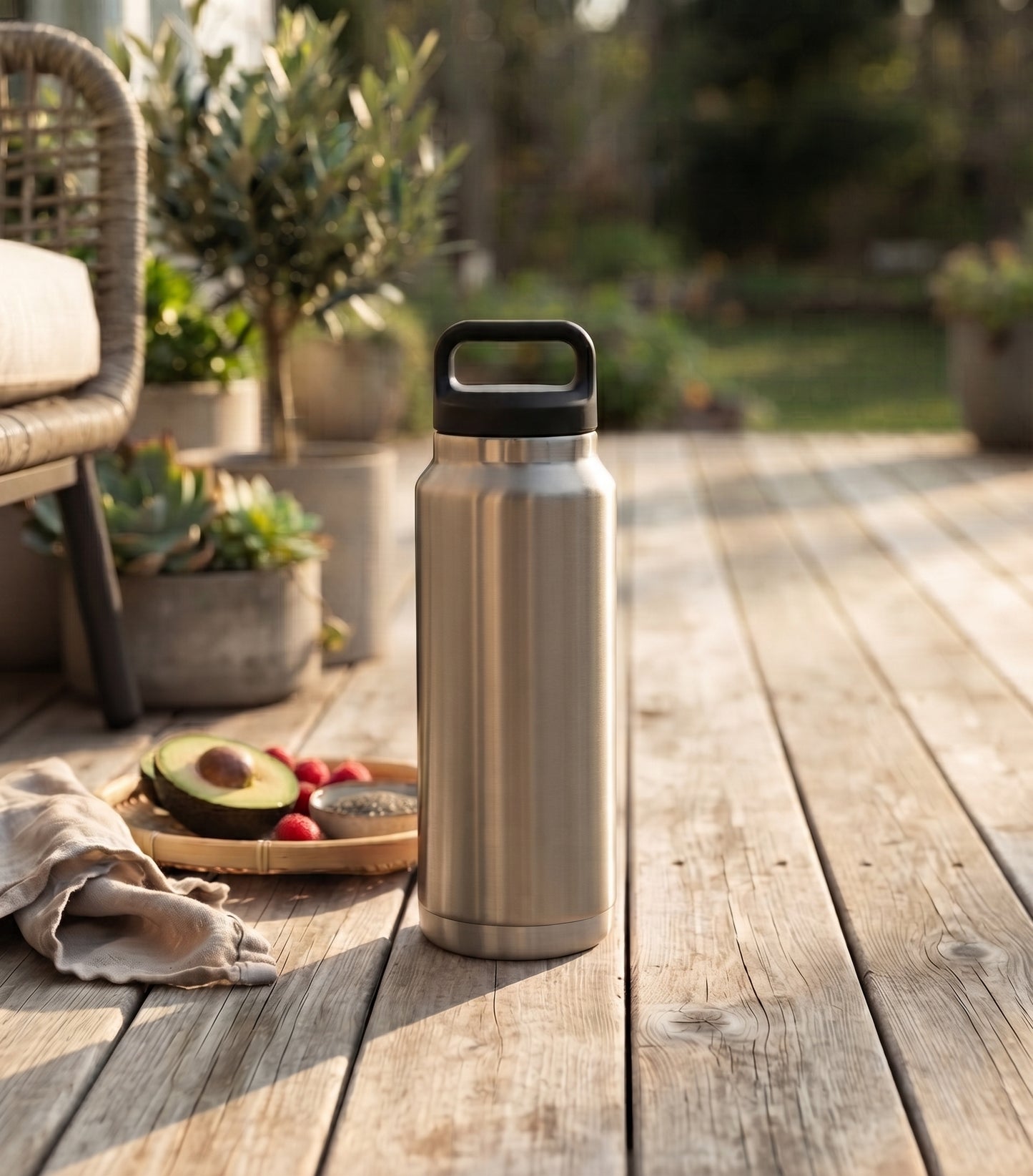 Silver 36 oz stainless steel water bottle with twist-off cap, featuring a sleek reusable design for keeping drinks hot or cold throughout the day.
