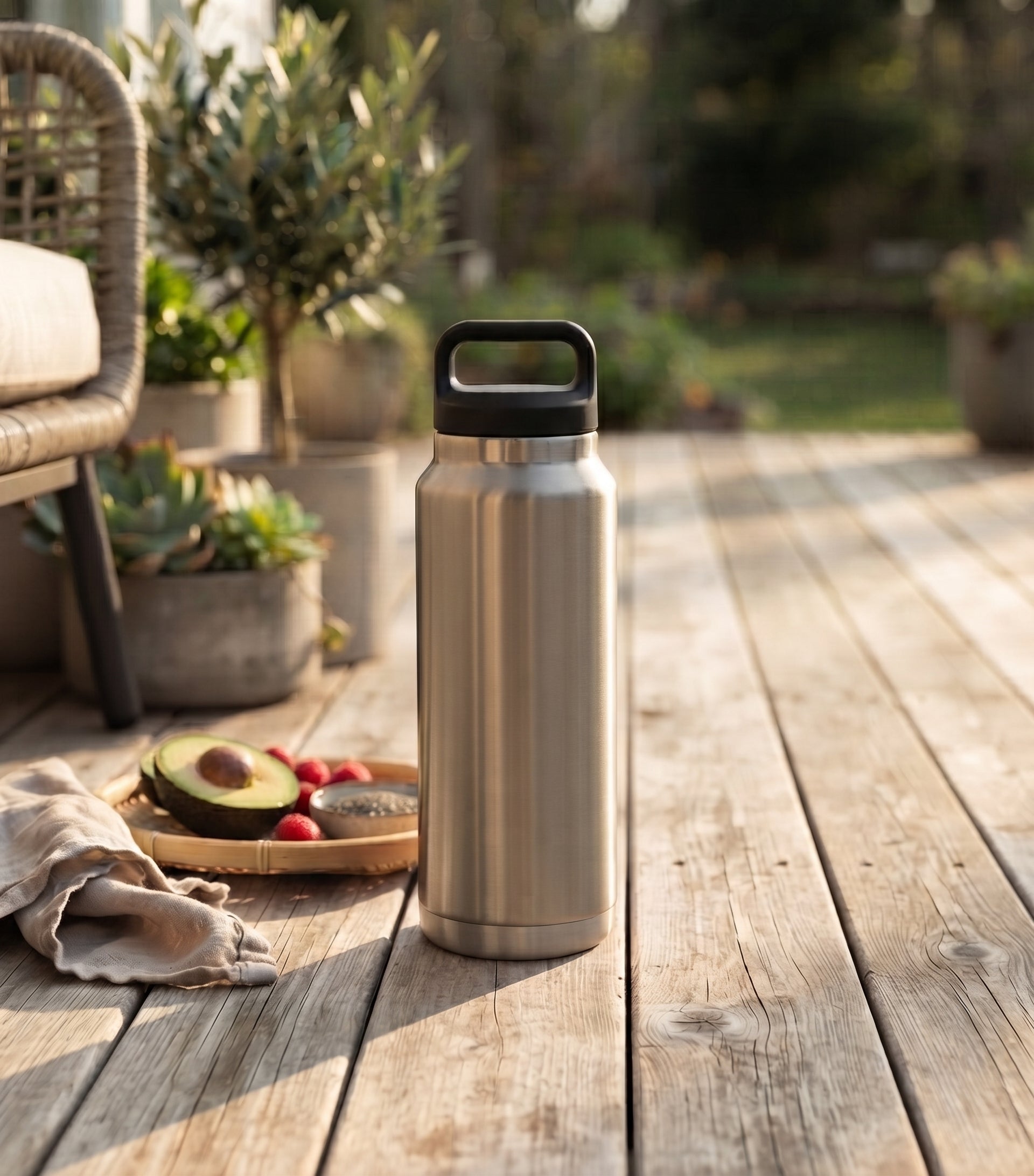 Silver 36 oz stainless steel water bottle with twist-off cap, featuring a sleek reusable design for keeping drinks hot or cold throughout the day.
