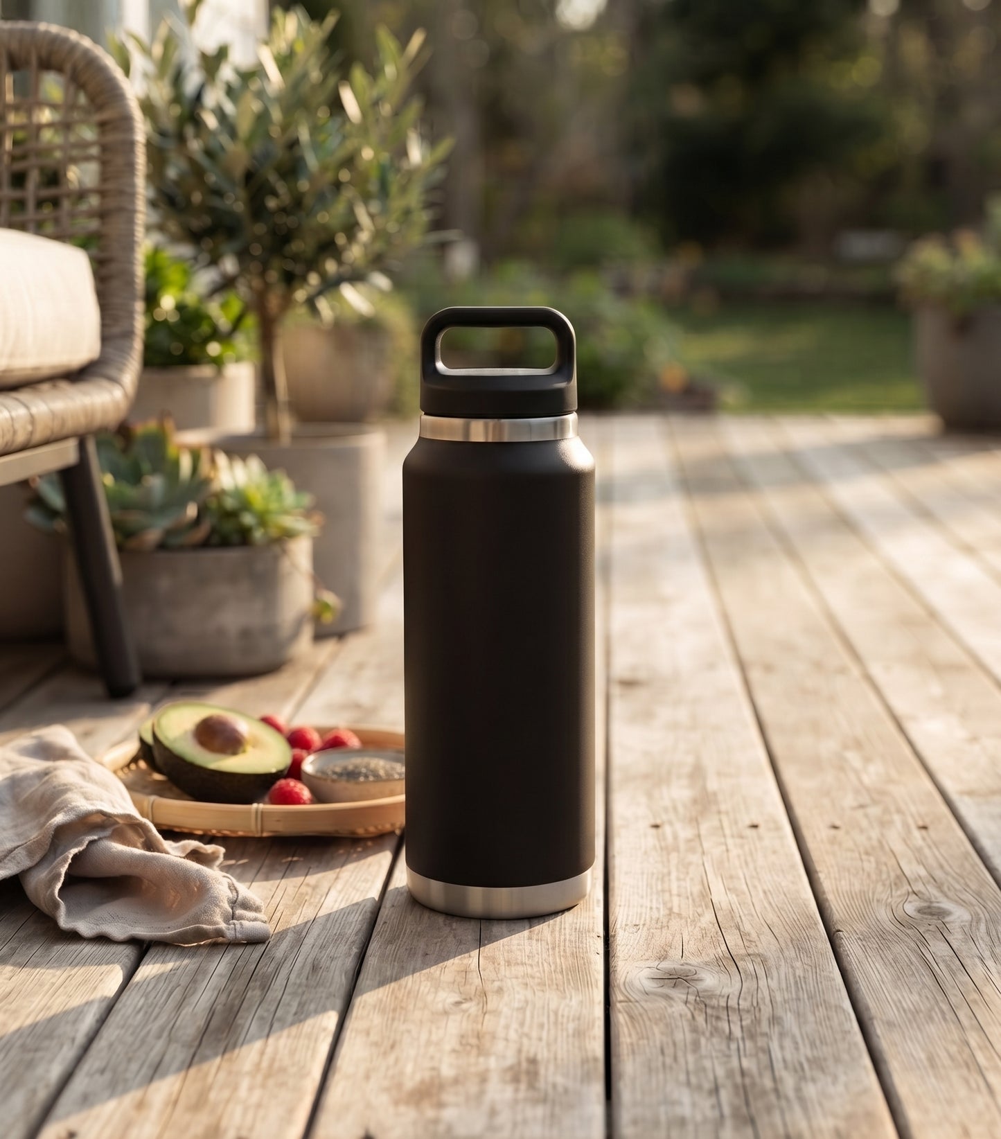 Black 36 oz stainless steel water bottle with twist-off cap, featuring a sleek reusable design for keeping drinks hot or cold throughout the day.
