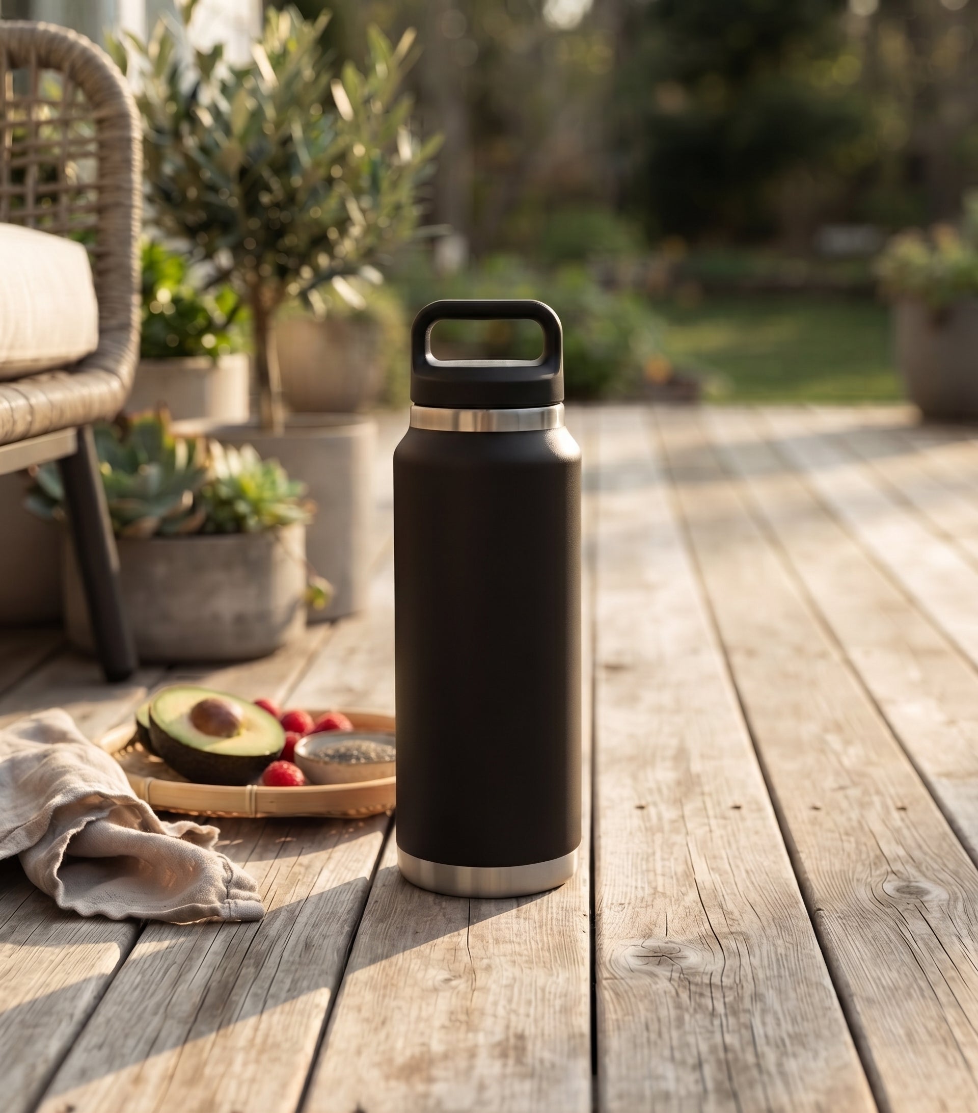 Black 36 oz stainless steel water bottle with twist-off cap, featuring a sleek reusable design for keeping drinks hot or cold throughout the day.
