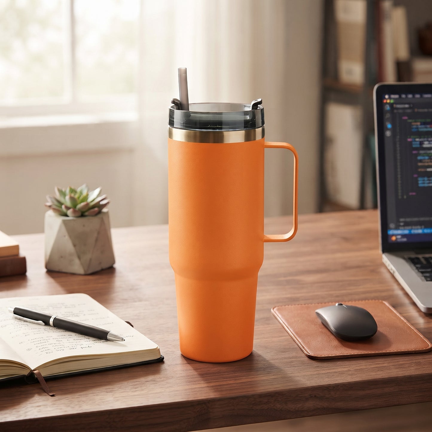 Orange 30 oz stainless steel tumbler with handle and straw, featuring an insulated design for keeping drinks hot or cold on the go.
