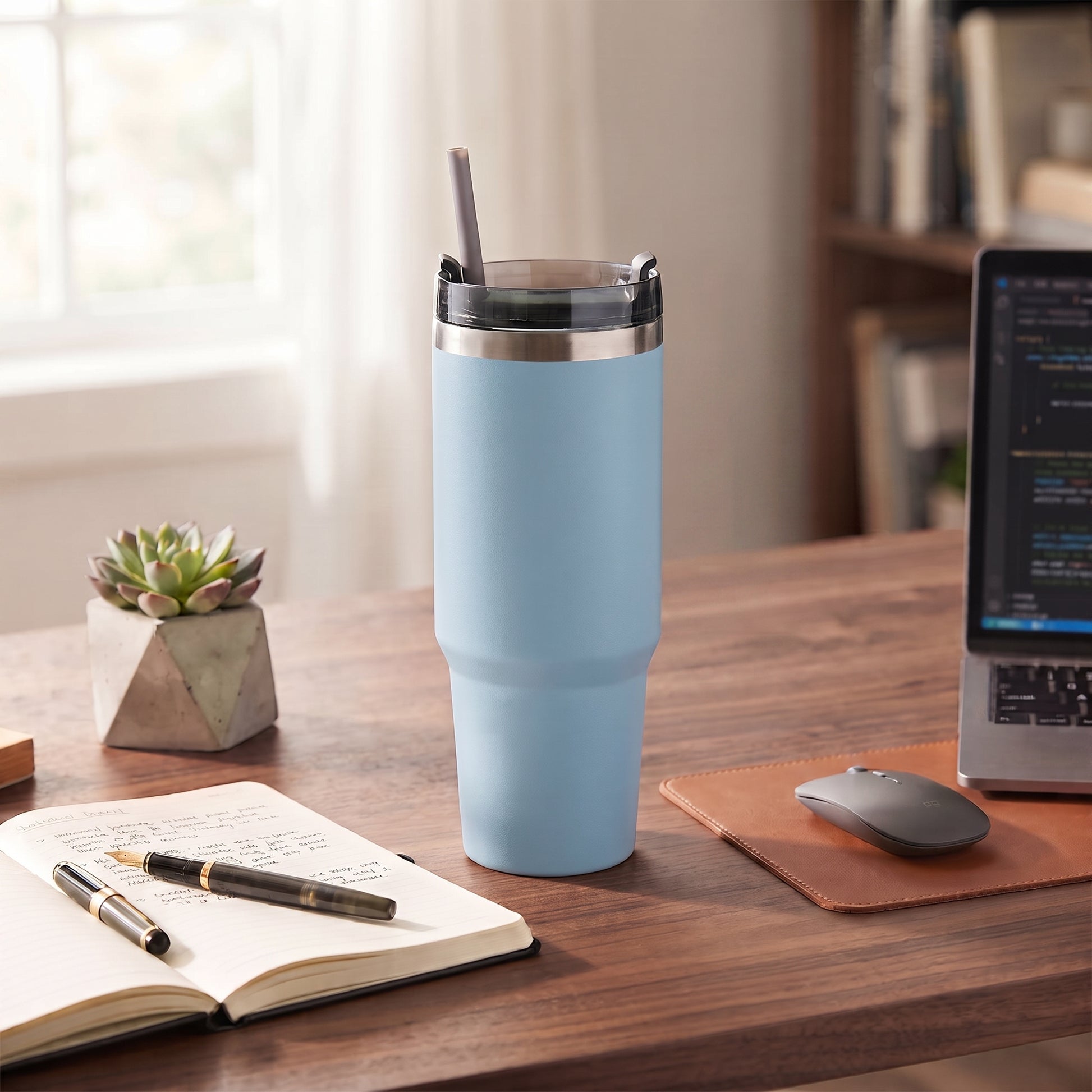 Light blue 30 oz stainless steel tumbler with straw, featuring a compact handle-free design for keeping drinks hot or cold on the go.
