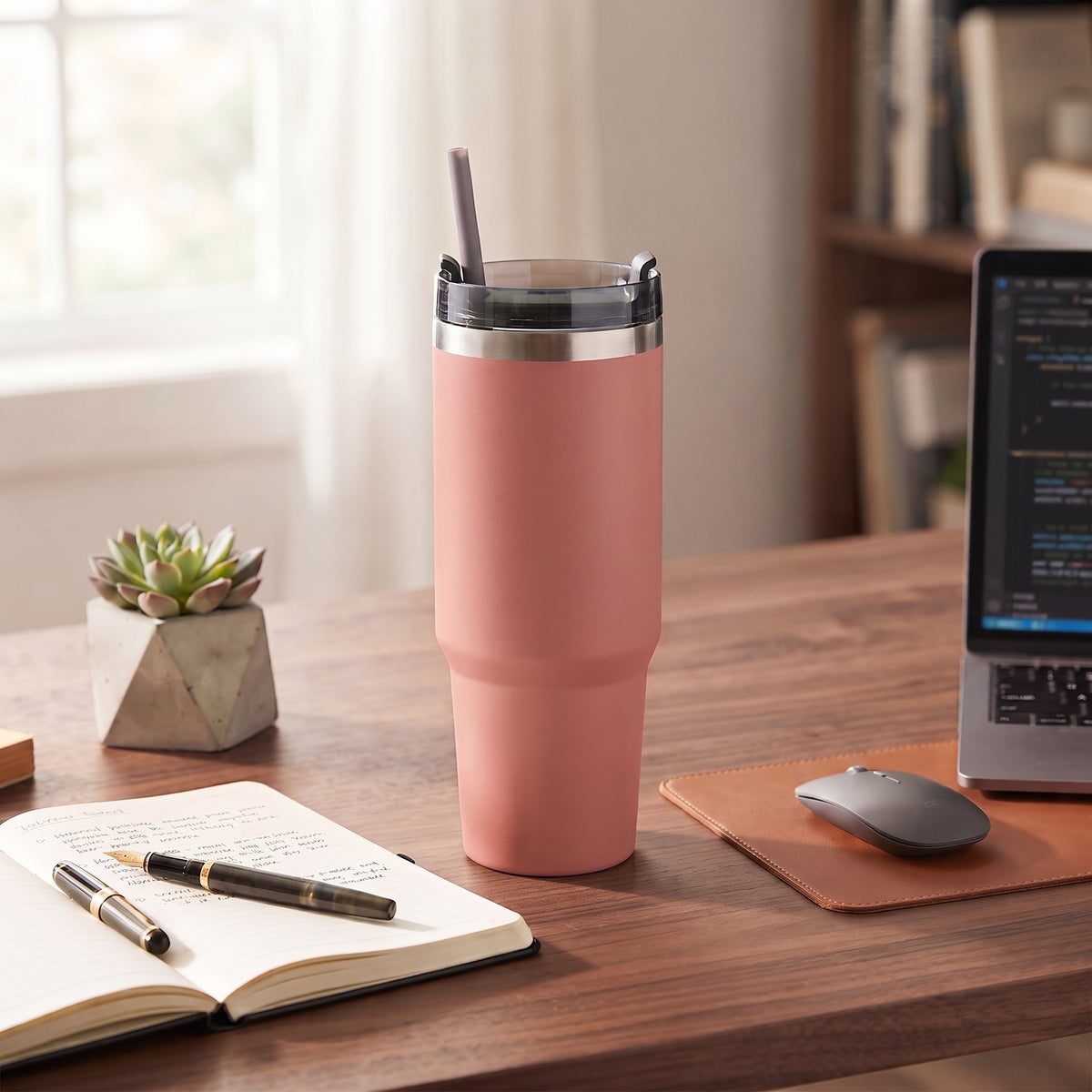 Peach 30 oz stainless steel tumbler with straw, featuring a compact handle-free design for keeping drinks hot or cold on the go.
